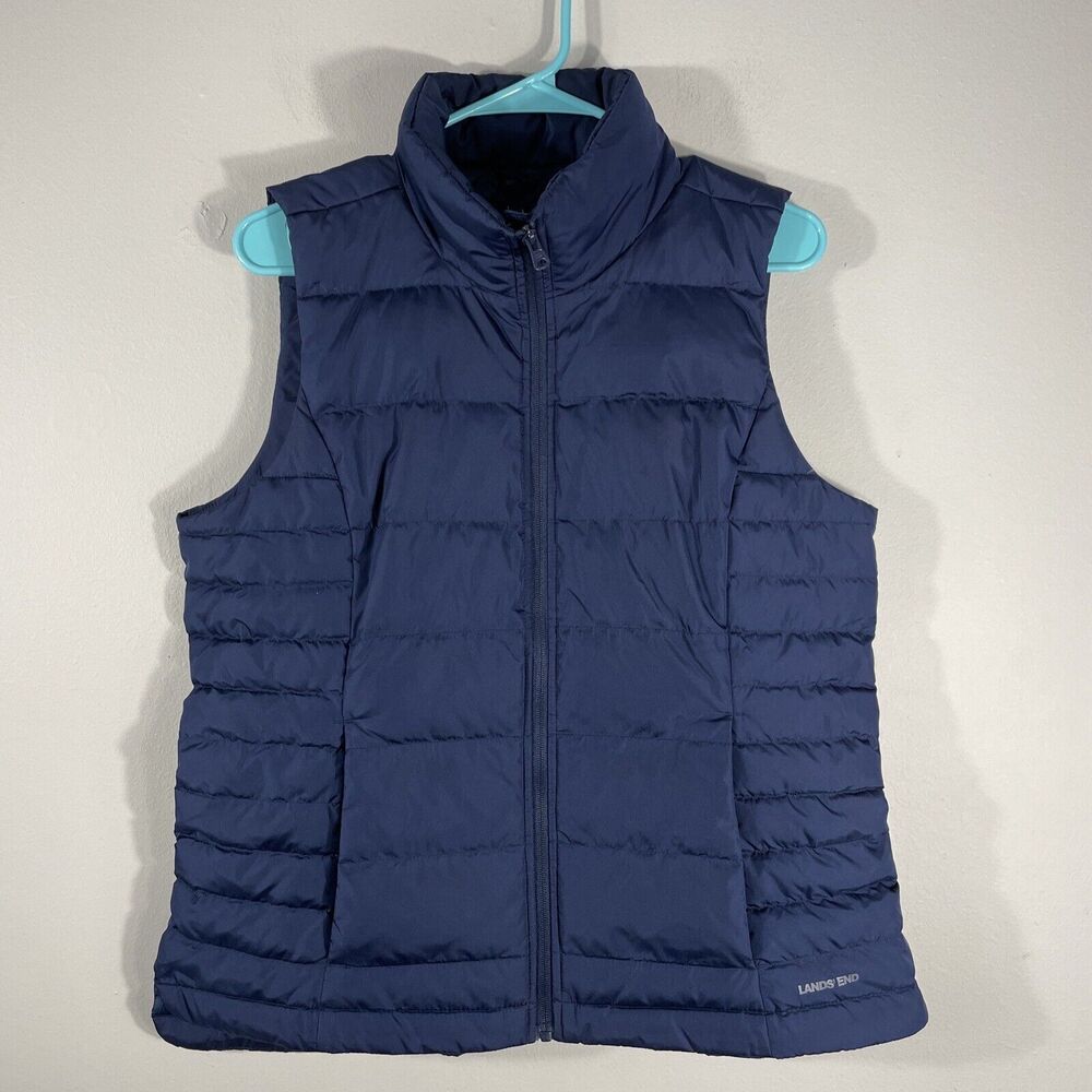 Lands End Womens Down Feathers Quilted Vest Blue Full Zip Pockets Size M (10-12)